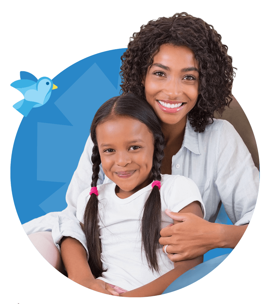 A smiling mother and daughter
