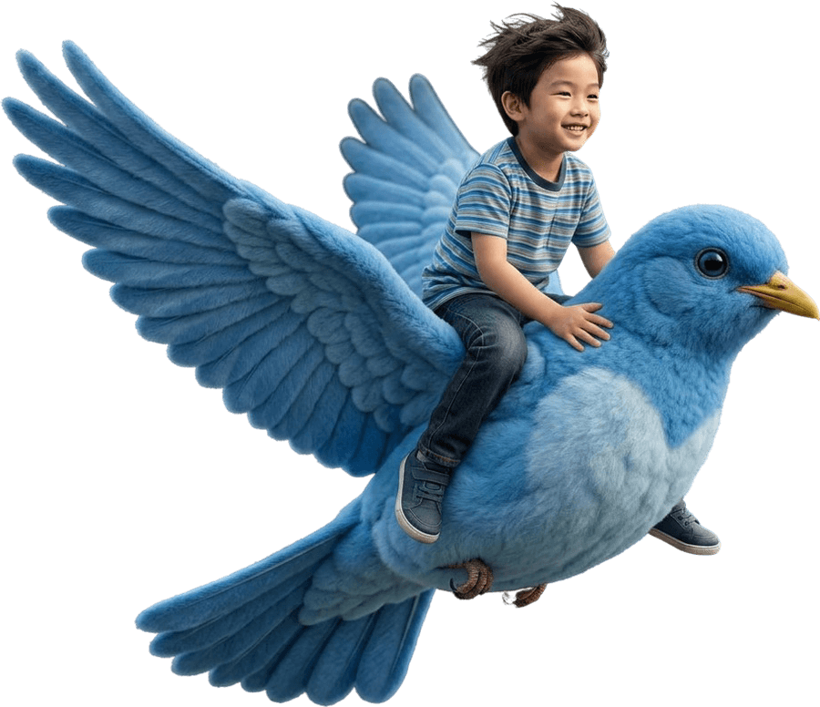 A joyful child soaring through the sky on a friendly bluebird