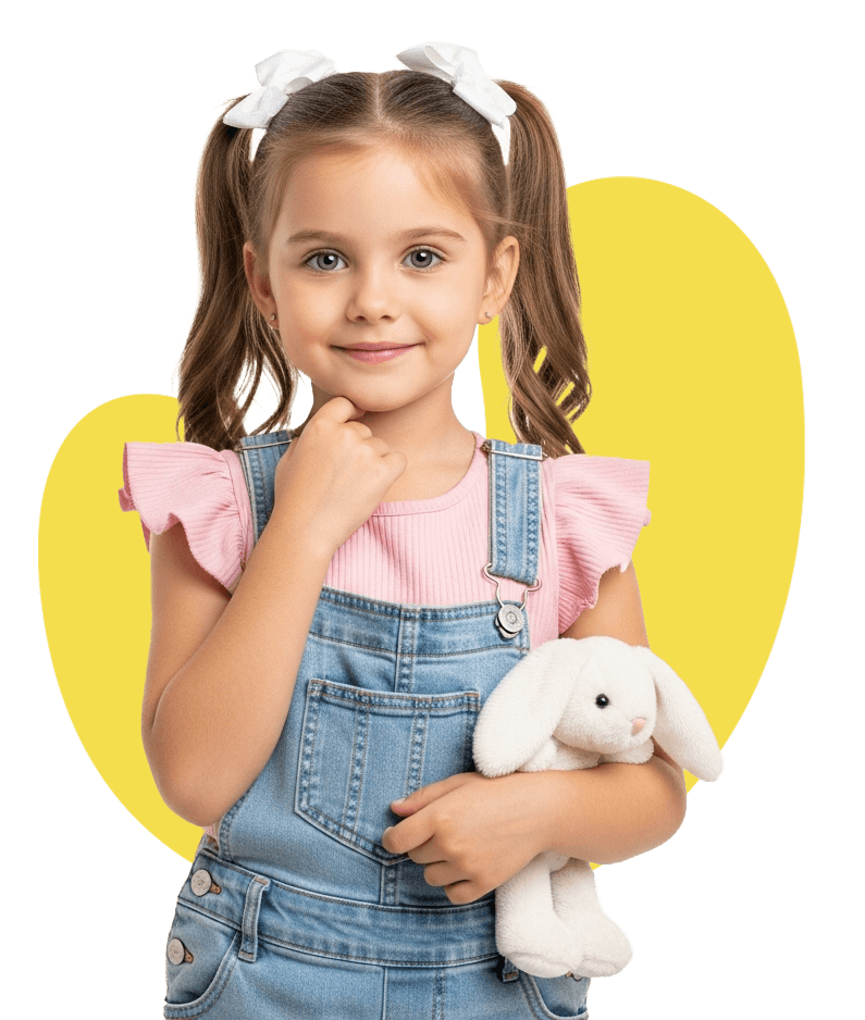 A smiling child holding a stuffed bunny